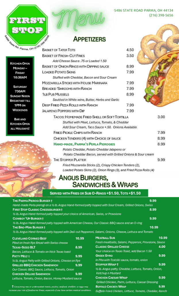 First Stop Parma Menu Page 1